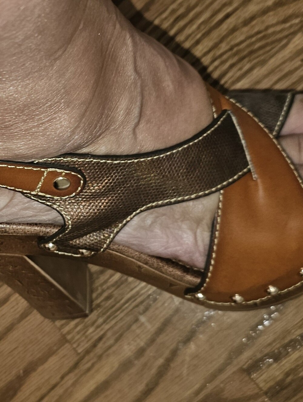 Women's Two-Tone Tan and Metallic Brown Leather Sandals